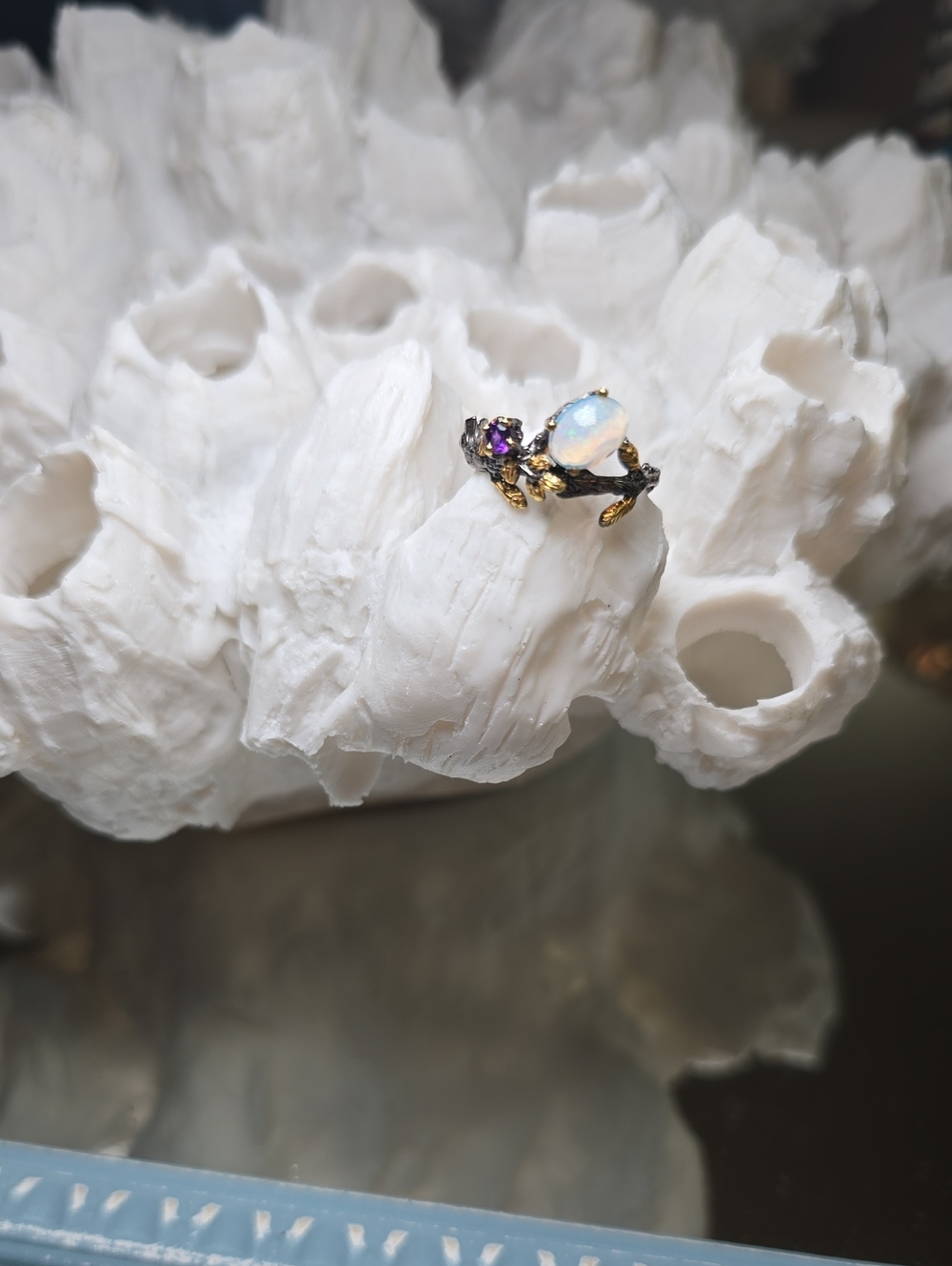 Opal and Amethyst Accent Ring in Gold and Black